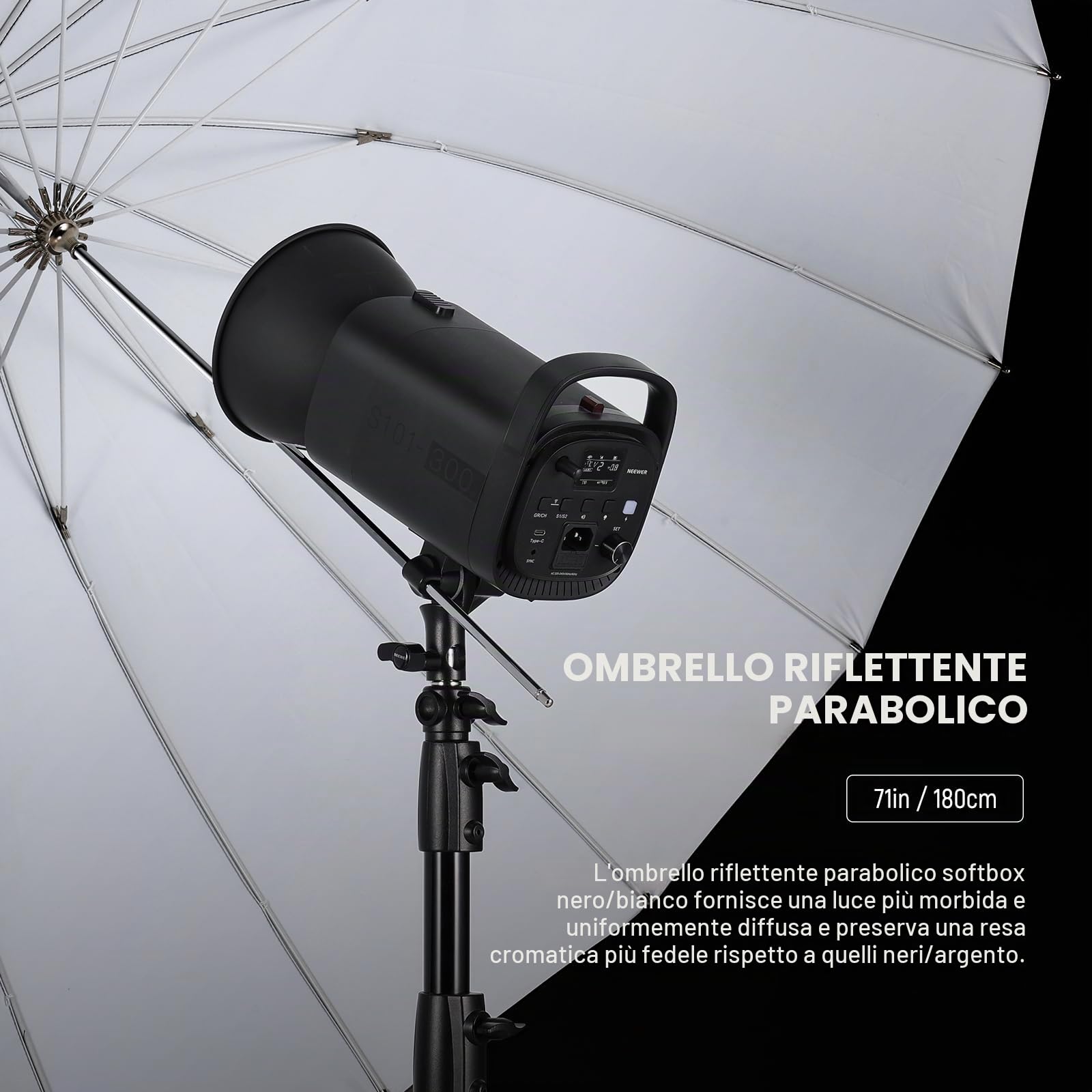 NEEWER 180cm Ombrello Parabolico Riflettente per Fotografia con Interno Bianco, Illuminazione Soffusa con Diffusore, Borsa, Piega Rapida per Riprese Studio Fotografico Luce Video Monoluce Flash, NS4U