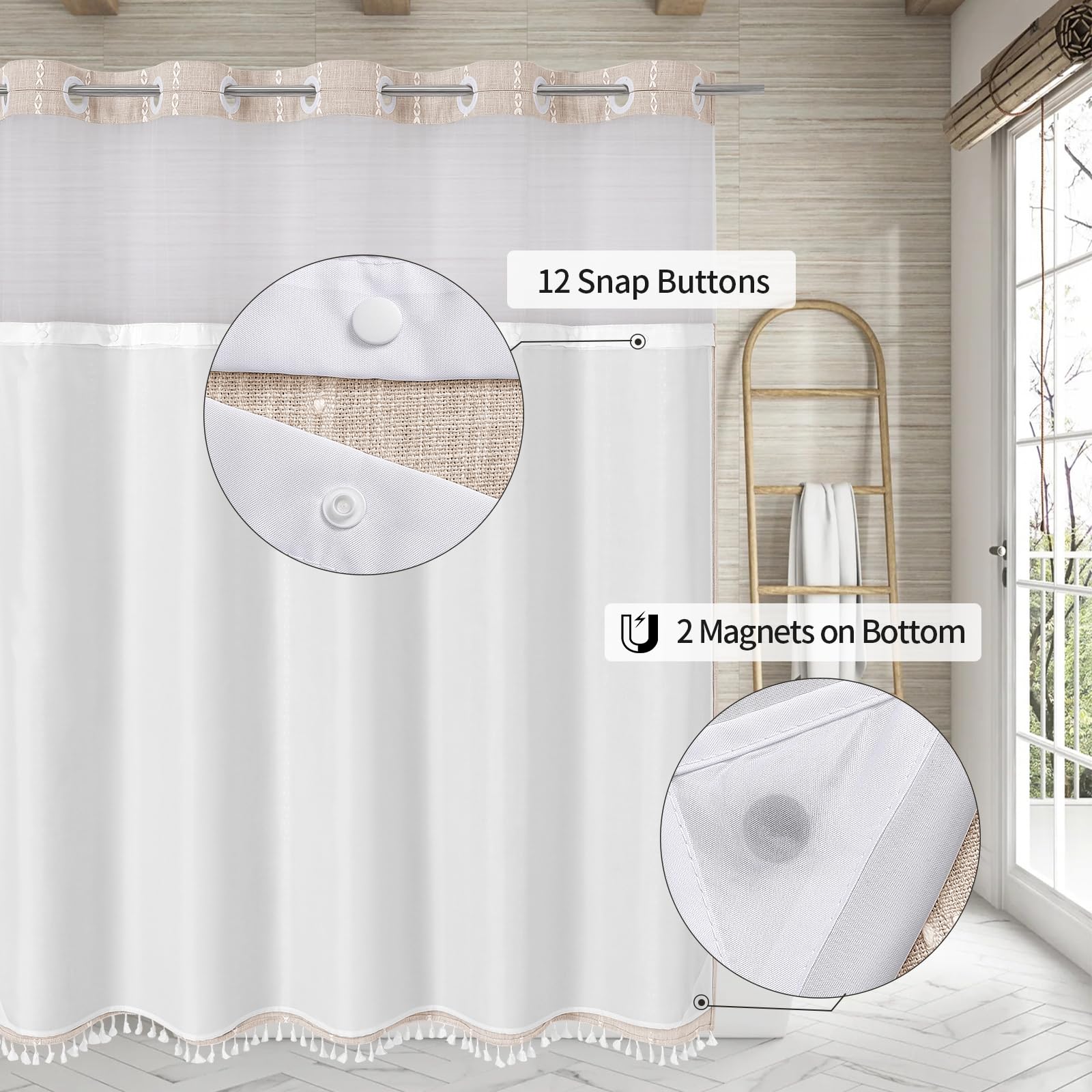 Cortina de ducha con forro a presión, no necesita ganchos, ventana e imanes, cortinas de ducha de tela de lino y algodón bohemio con borlas para decoración rústica de baño, beige/crema, 72 x 74