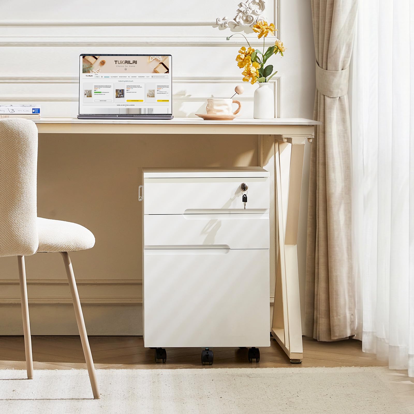 TUKAILAI Rollcontainer abschließbar, Weiß, 40cm | 3 Schubladen, Mobiler Aktenschrank Holz, Auf Rollen und Haken, Für Akten Dokumente, Unterschrank Schreibtisch