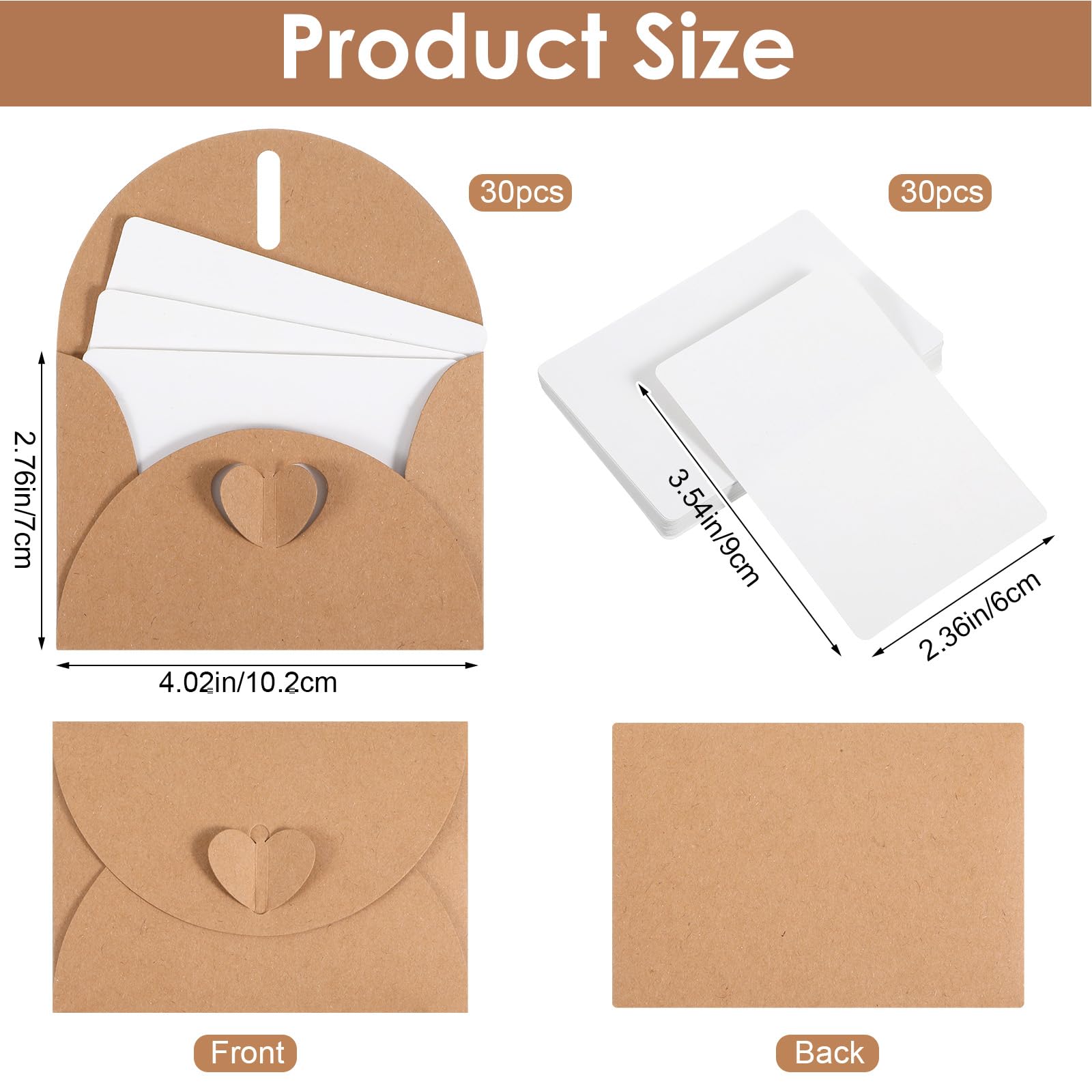30 Pcs Mini Envelopes with Blank Cards, 4.02×2.76in Cute Envelopes with Heart Clasp, Paper Gift Card Holders, Tiny Envelope for Business Card, Weddings Favors, Greeting Cards