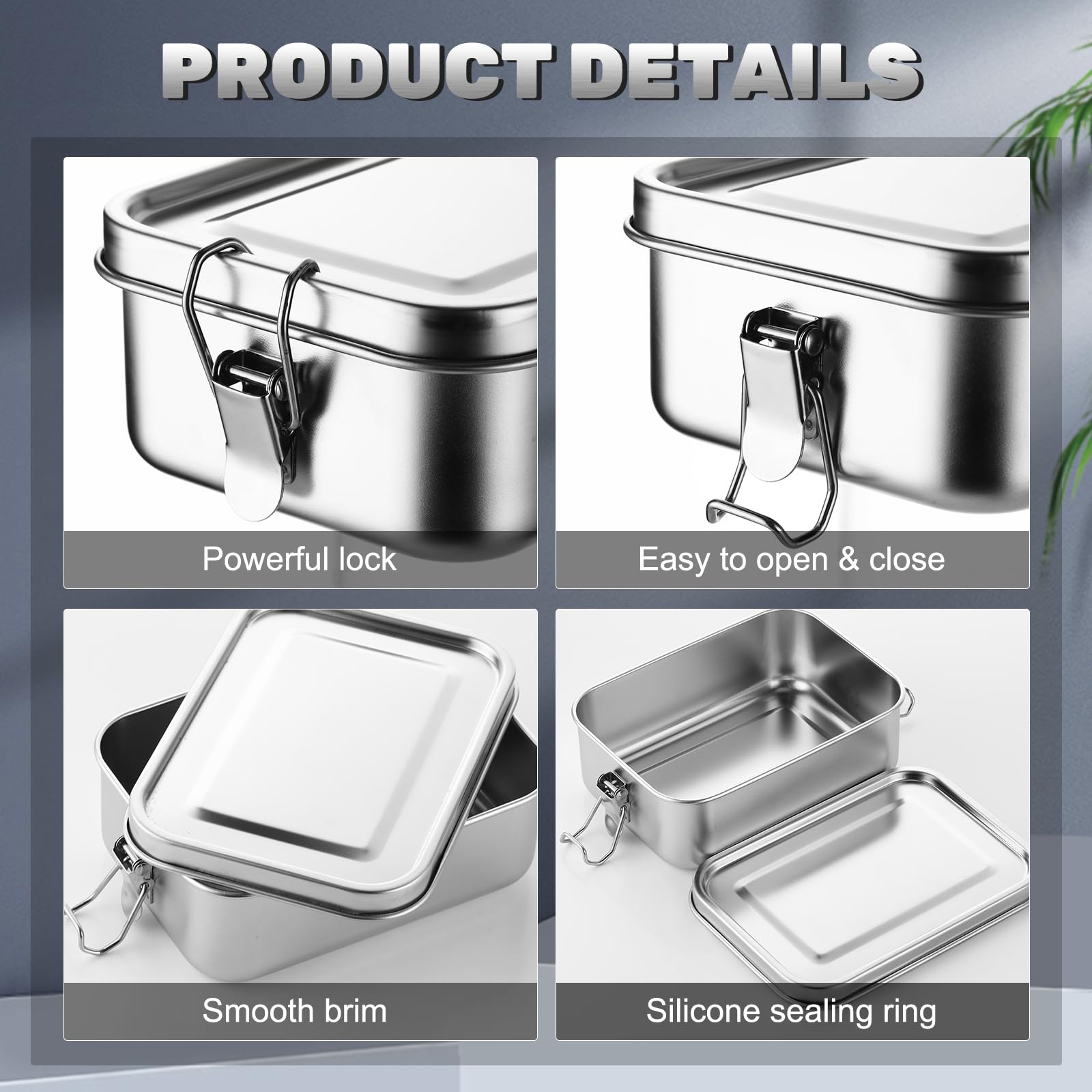 4 scatole bento box in acciaio inox, con clip bloccabili a prova di perdite, riutilizzabili, in lavastoviglie, per lavoro, picnic, contenitori per il pranzo in metallo