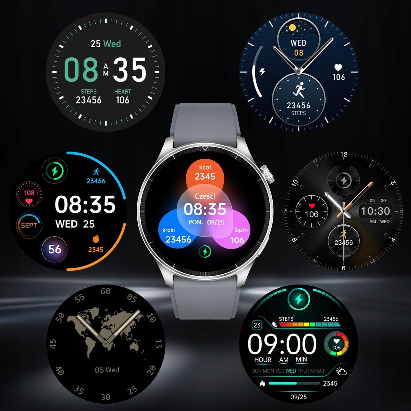 Multiple watch face designs for the FOREVER Smartwatch Grand 2 SW-710, showing various styles and data displays.