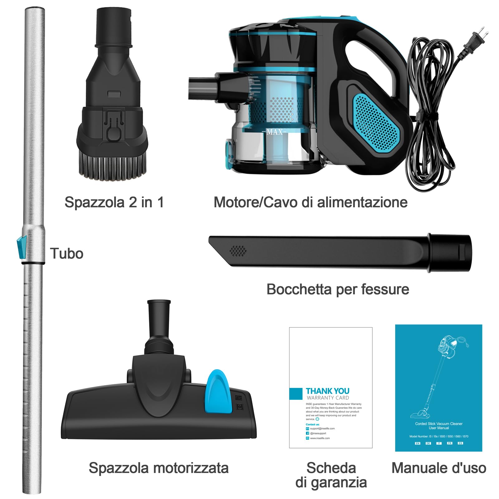 Aspirapolvere con filo, Scopa Elettrica con Filo, 18kPa 600 W, Aspirapolvere senza Sacco, con Cavo 6m, 3 in 1, per Pavimenti Duri e Peli di Animali Domestici