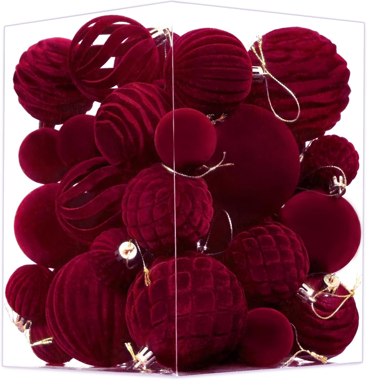 Waipfaru 38Pcs Velvet Ornaments for Christmas Tree Wine Red Flocked Christmas Ornaments Shatterproof Hanging Ball Set for Xmas Winter Holiday Decorations in 3 Sizes(Large Medium Small)