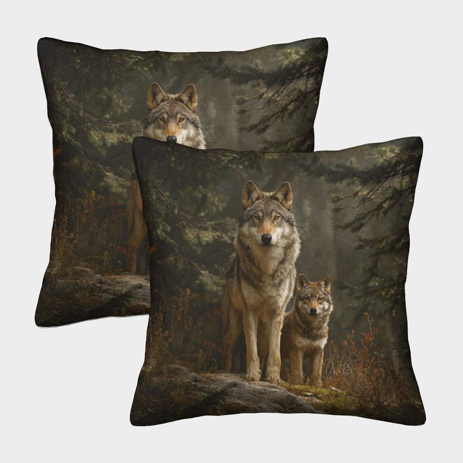 kaiyun 2 Pack Wolves And Cubs in The Forest Luxury Digital Printed Soft 3D Themed Square Cushion Cover 50x50cm