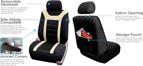Miniatura 4 de FH Group Juego completo de fundas de asiento de automóvil, color beige, compatibles con bolsas de aire y fundas de asiento trasero divididas,