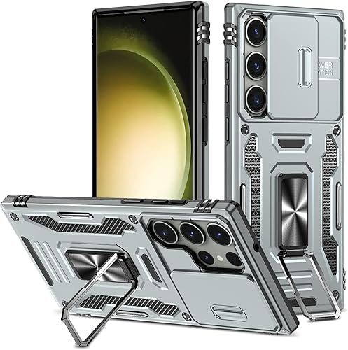 Funda compatible con Samsung S23 Ultra con soporte y cubierta para cámara, 2 formas de soporte Soporte magnético de montaje en automóvil con anillo