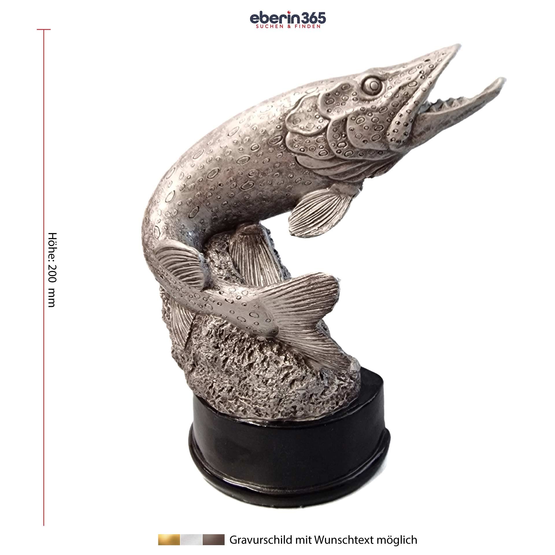 20 cm Angler Pokal mit Wunschtext - Hecht Raubfisch Trophaee in Silber