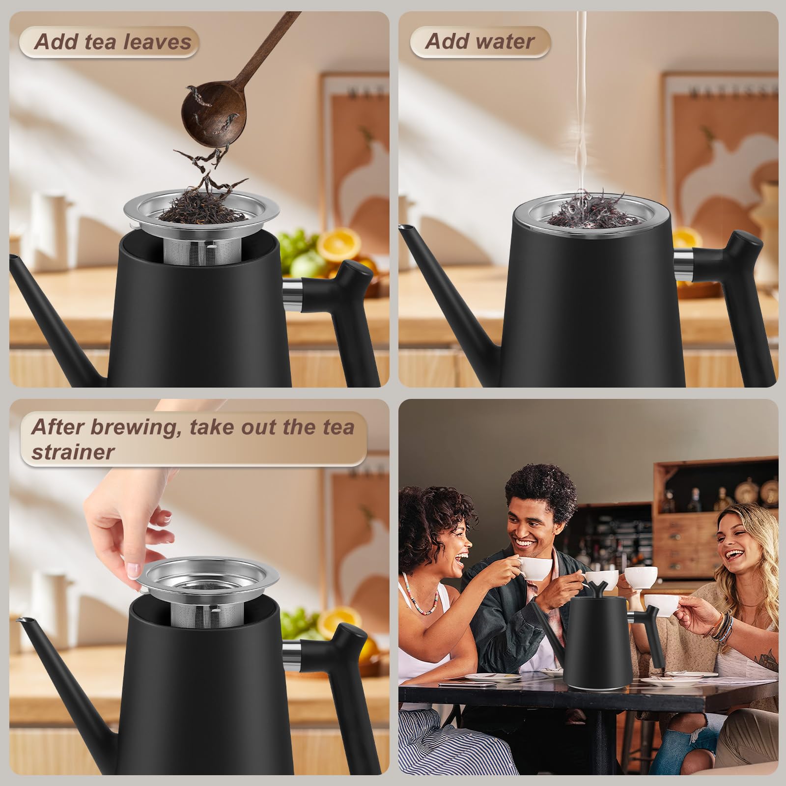 Teekanne Edelstahl mit Siebeinsatz, 1.5L Schwarzer Teekanne mit Hitzebeständigem Griff für Obstkräuter und Infusionstee, Doppelwandig isolierte Edelstahl teekanne Für Tee Kaffee (1)
