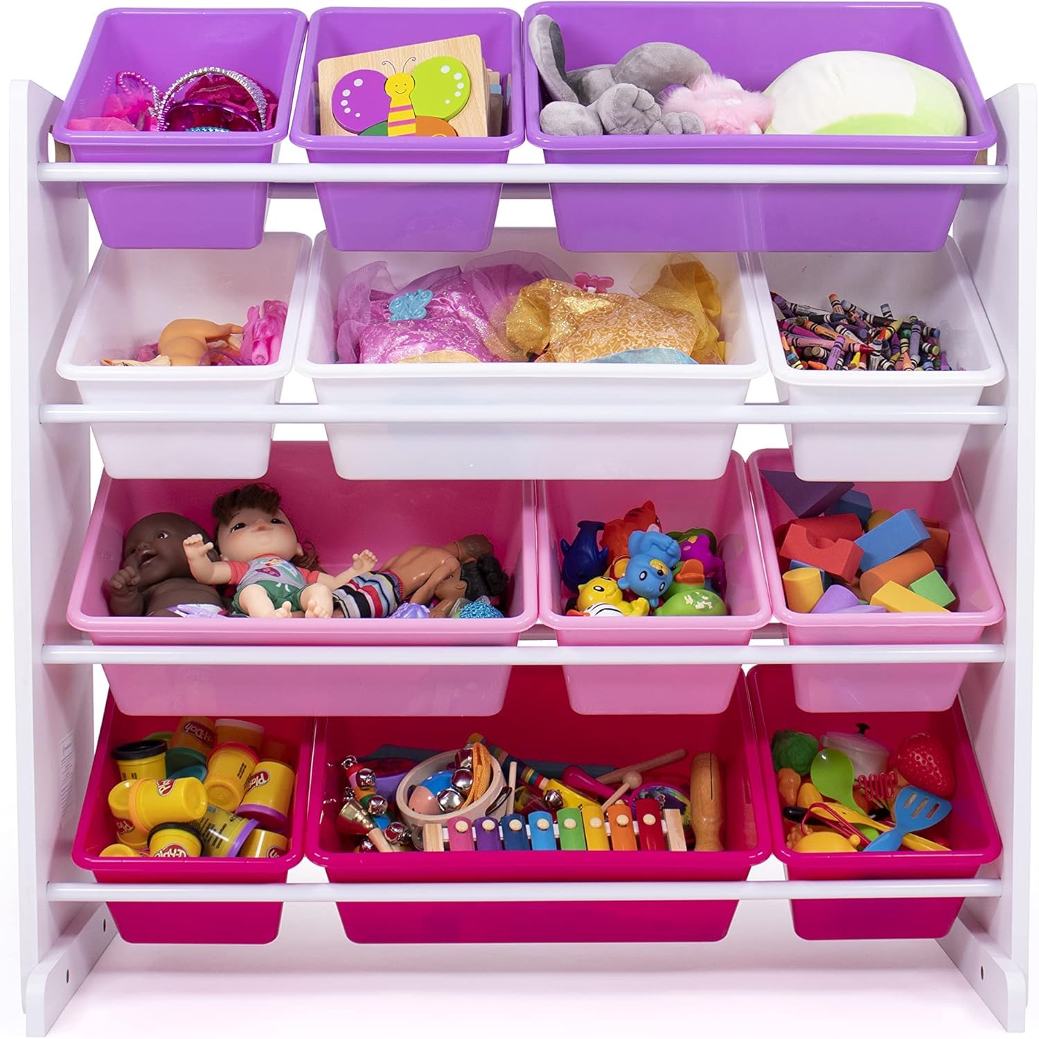 Snazzy Kids Toy Storage Organizer with 12 Plastic Bins, White/Pink/Purple β Removable Bins for Playroom, Bedroom, Toddler Furniture for Boys and Girls 1