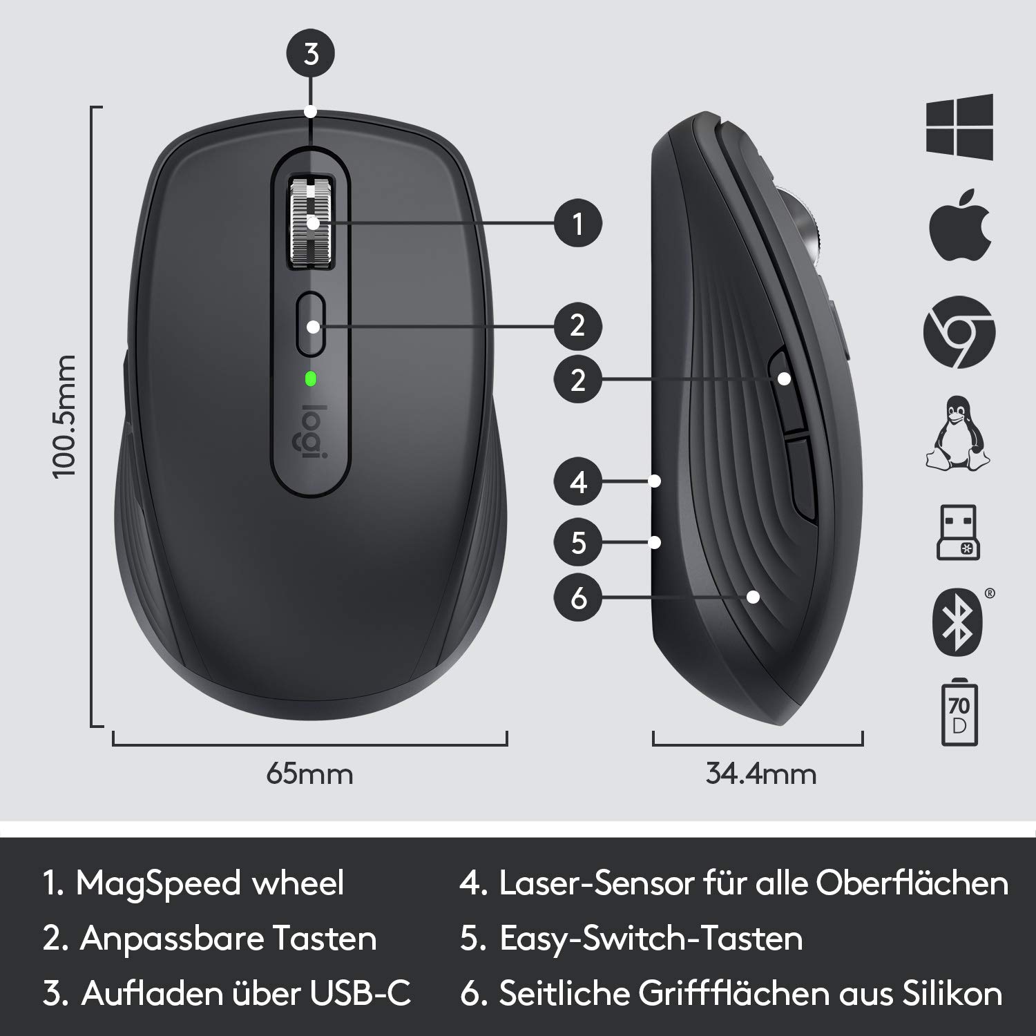 Logitech MX Anywhere 3 kompakte, leistungsstarke Maus | Kabellos, Magnet-Scrollen, ergonomisch, anpassbare Tasten, USB-C, Bluetooth, Mac/Win/Linux/Chrome - Grafit