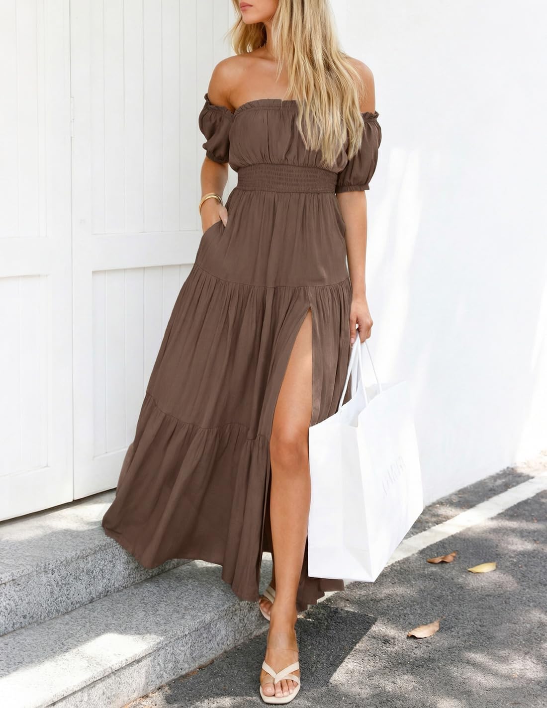 ZESICA Women's 2026 Boho Sexy Off Shoulder Short Sleeve Smocked Side Split Flowy A Line Tiered Long Maxi Dress with Pockets - Image 5