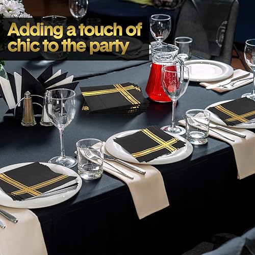 Miniatura 10 de 400 servilletas doradas de 3 capas plegadas de 5 x 5 pulgadas, servilletas de barra de papel de aluminio dorado a rayas, desechables, servilletas de