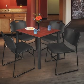 Regency Kee 30 in Square Breakroom Table- Cherry Top, Black Legs, 4 Zeng Stack Chairs- Black