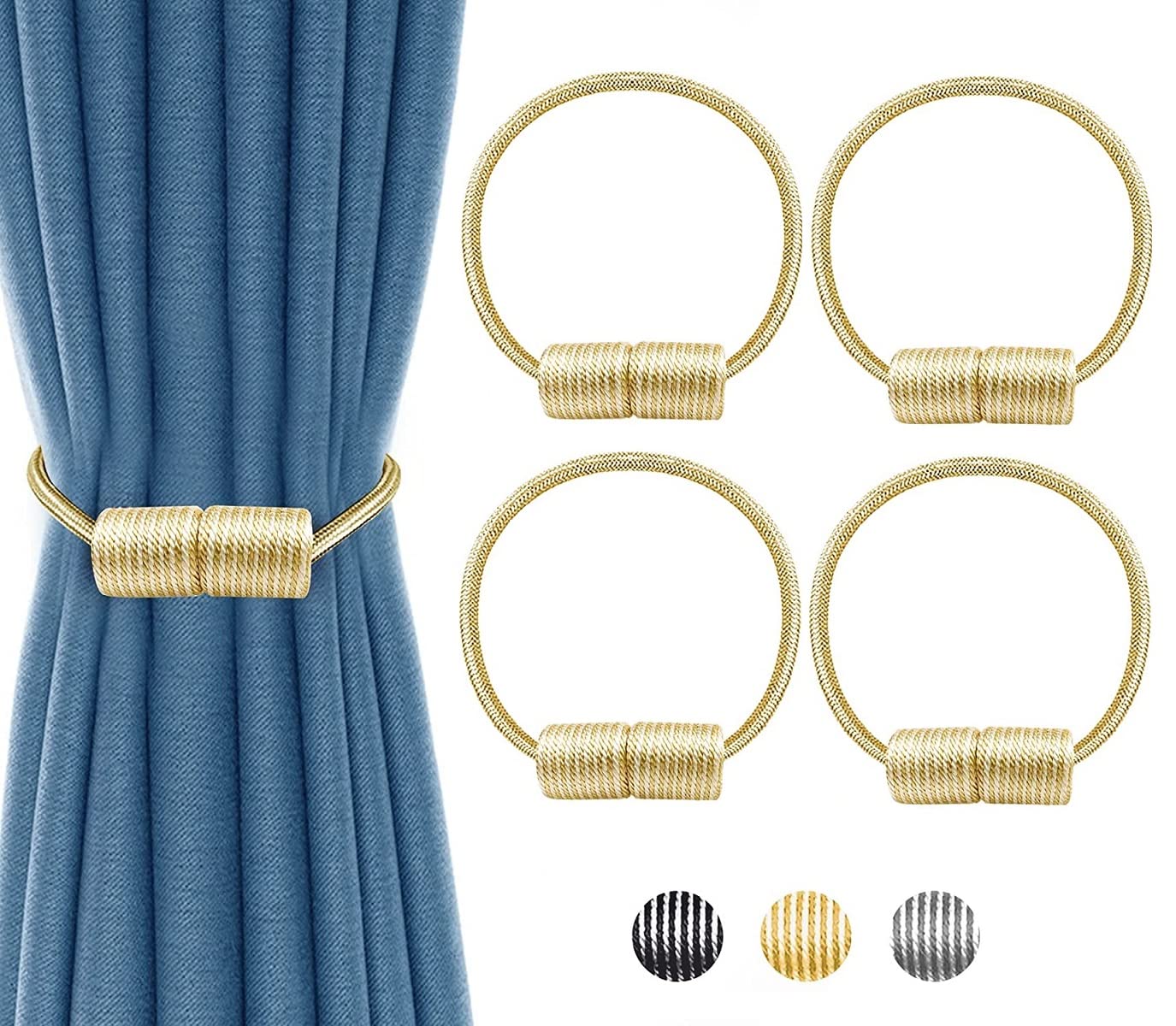 I&M 4PCS Magnetic Curtain Tie Backs Modern Simplicity Durable Curtain Tiebacks Clips Rope Holdbacks with Strong Magnet, Buckle hooks for Home Sheer Blackout Decorations Accessories (Golden + White)