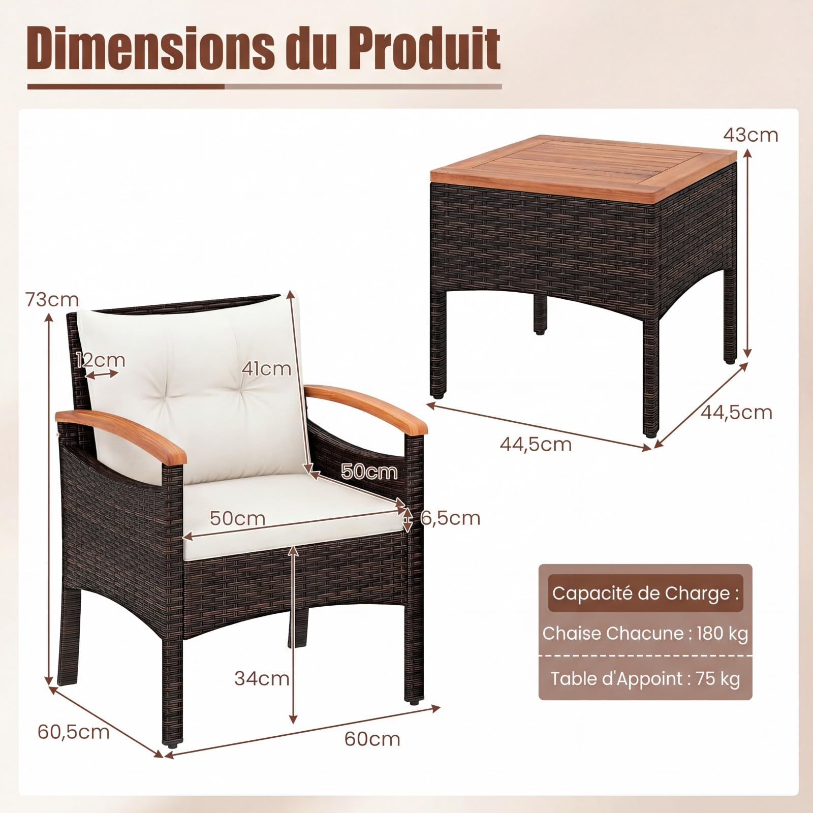 COSTWAY Salon de Jardin Exterieur 3 Pièces en Rotin PE, Ensemble de Meubles 2 Fauteuils Table Basse Plateau en Bois d'Acacia avec Coussin Amovible, pour Jardin Balcon Piscine (Beige)