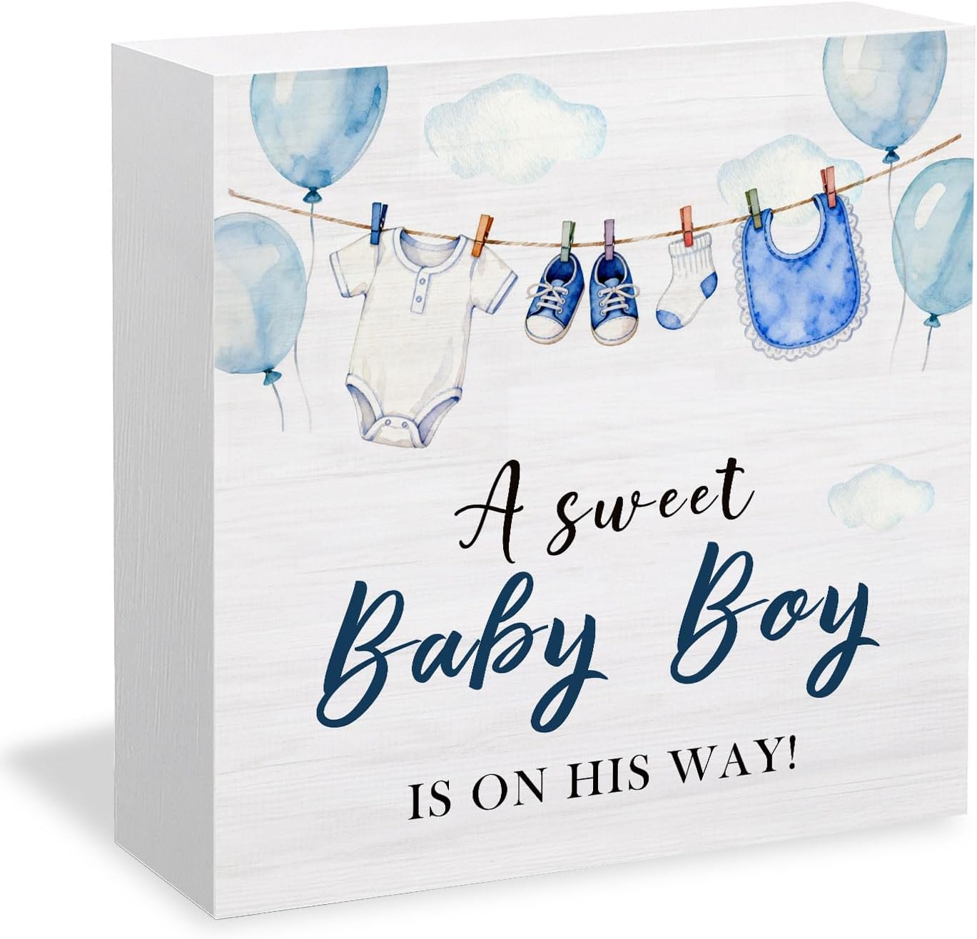 Blue Boy Baby Shower Wooden Box Sign Desk Decor, a Sweet Baby Boy Is on His Way Wood Signs for Newborn Infant Toddler Boys Room Nursery Desk Table Shelf Decorations, 5x5 Inch