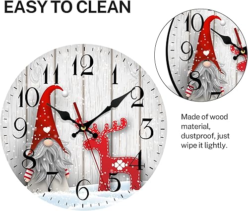 Miniatura 8 de Emvency Reloj de pared de madera de granja, funciona con pilas, silencioso, sin tictac, gnomos de Navidad y alce, relojes de pared decorativos para