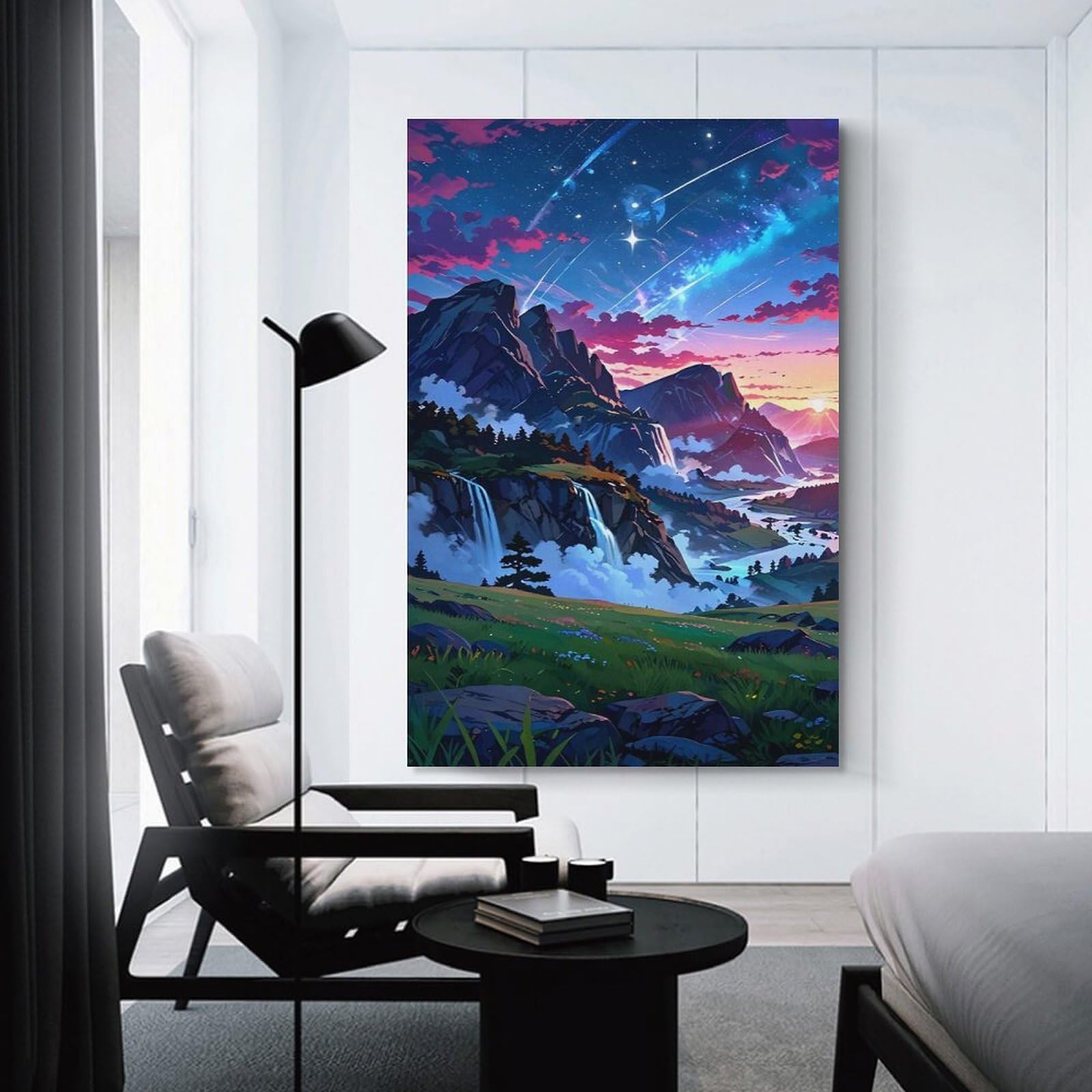 Junmoney Anime Landscape with Waterfalls And Stars Wall Decor Canvas Print, 20x30inch(50x75cm), for Small Homes, Bedrooms Or Open Spaces, Wall Decor with Flexible Room Appeal