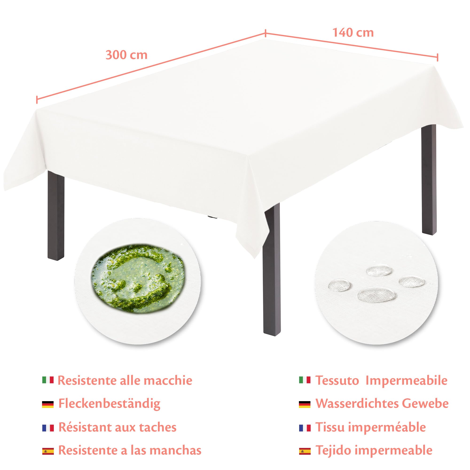 Flowen Tovaglia Antimacchia Rettangolare Impermeabile Bianca 140x300 Made in Italy Tovaglie Copri Tavolo da Interno Elegante per Occasioni Natale da Tavola Giardino Esterno Poliestere Idrorepellente