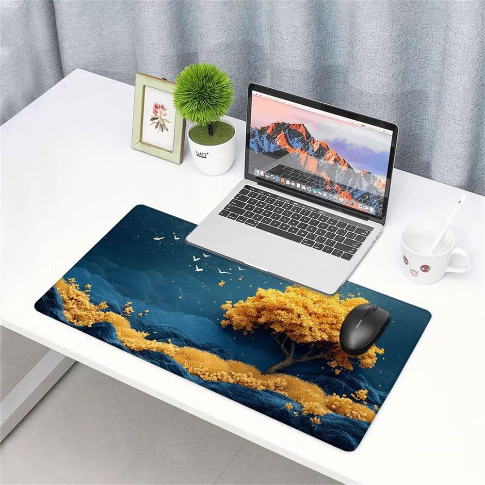 Niebieska podkładka pod mysz XXL akcesoria do gier podkładka na biurko duża podkładka pod mysz i klawiaturę drzewo akcesoria PC 1400 x 600 x 3 mm mata biurkowa biurkowa, z wodoodporną i antypoślizgową