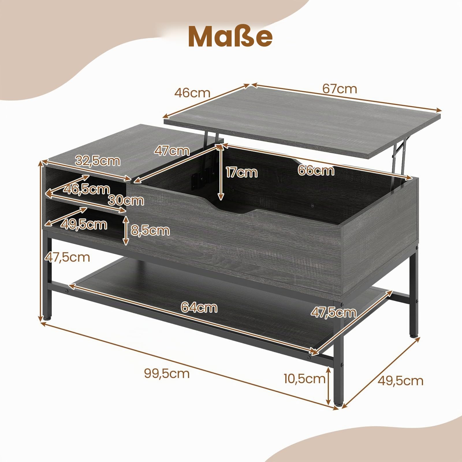 COSTWAY Couchtisch höhenverstellbar, Wohnzimmertisch mit offenem Fach und Ablagefach, Kaffeetisch, Sofatisch, Beistelltisch für Wohnzimmer, 99,5 x 49,5 x 47,5 cm (Grau)