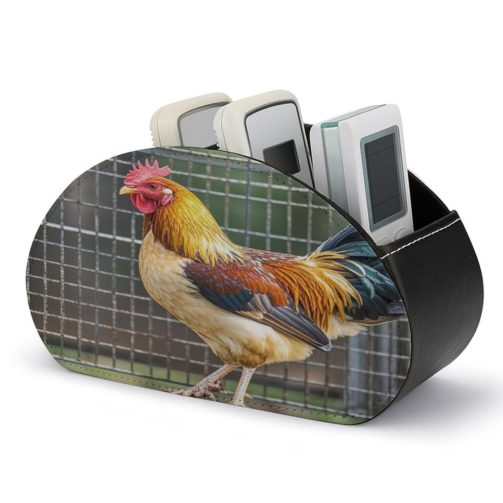 LZQPOEAS Chicken in Cage Remote Control Holder with 5 Compartments PU Leather Remote Organizer Box Caddy for Table Nightstand Remote Caddy Desktop Organizer Fits Media Controllers