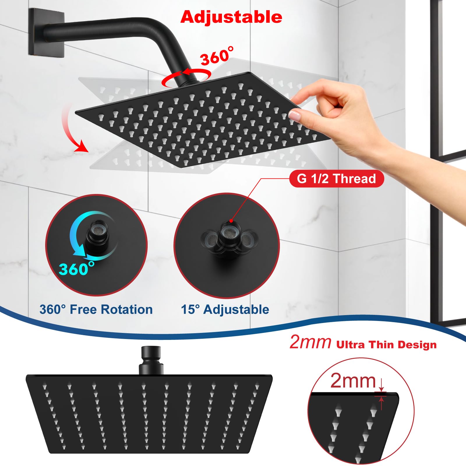 Midanya 8" Square Rainfall Shower Head - High Pressure, Matte Black, Stainless Steel (Wall Or Ceiling Mount)
