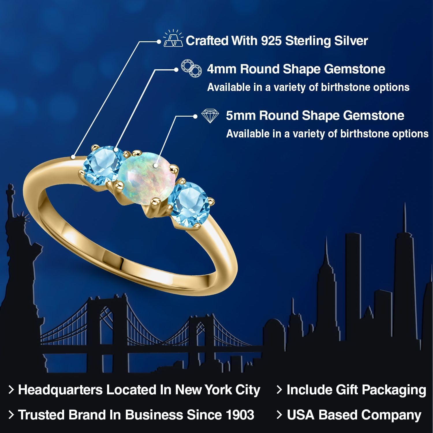 Gem Stone King 18K Yellow Gold Plated Silver Simulated White Opal and Swiss Blue Topaz 3-Stone Engagement Ring For Women | 1.21 Cttw | 3 Stone Wedding Engagement Anniversary Ring