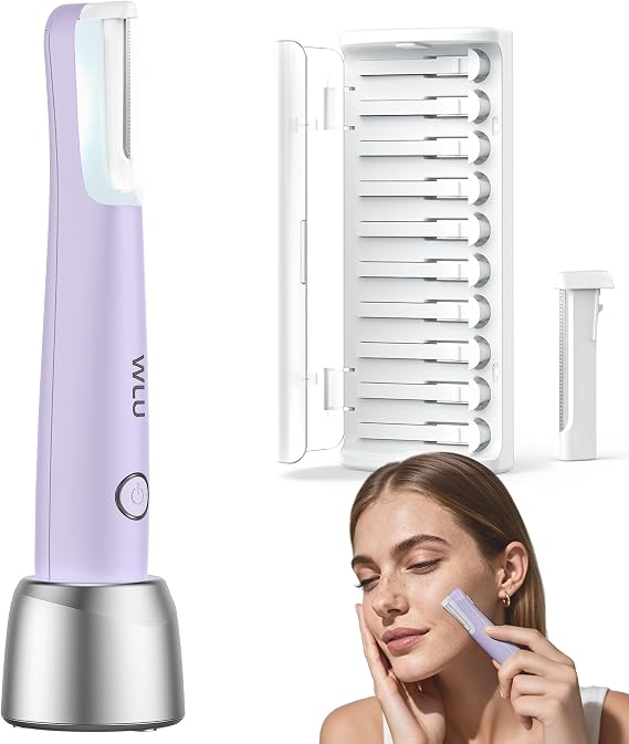 Dermaplane Razor for Women Face、WLU 充電式フェイスダーマプレーニングツール – ピーチファズ、フェイシャルヘア&角質除去、LEDライト付きソニックテクノロジー、3スピード&10ブレードパープル