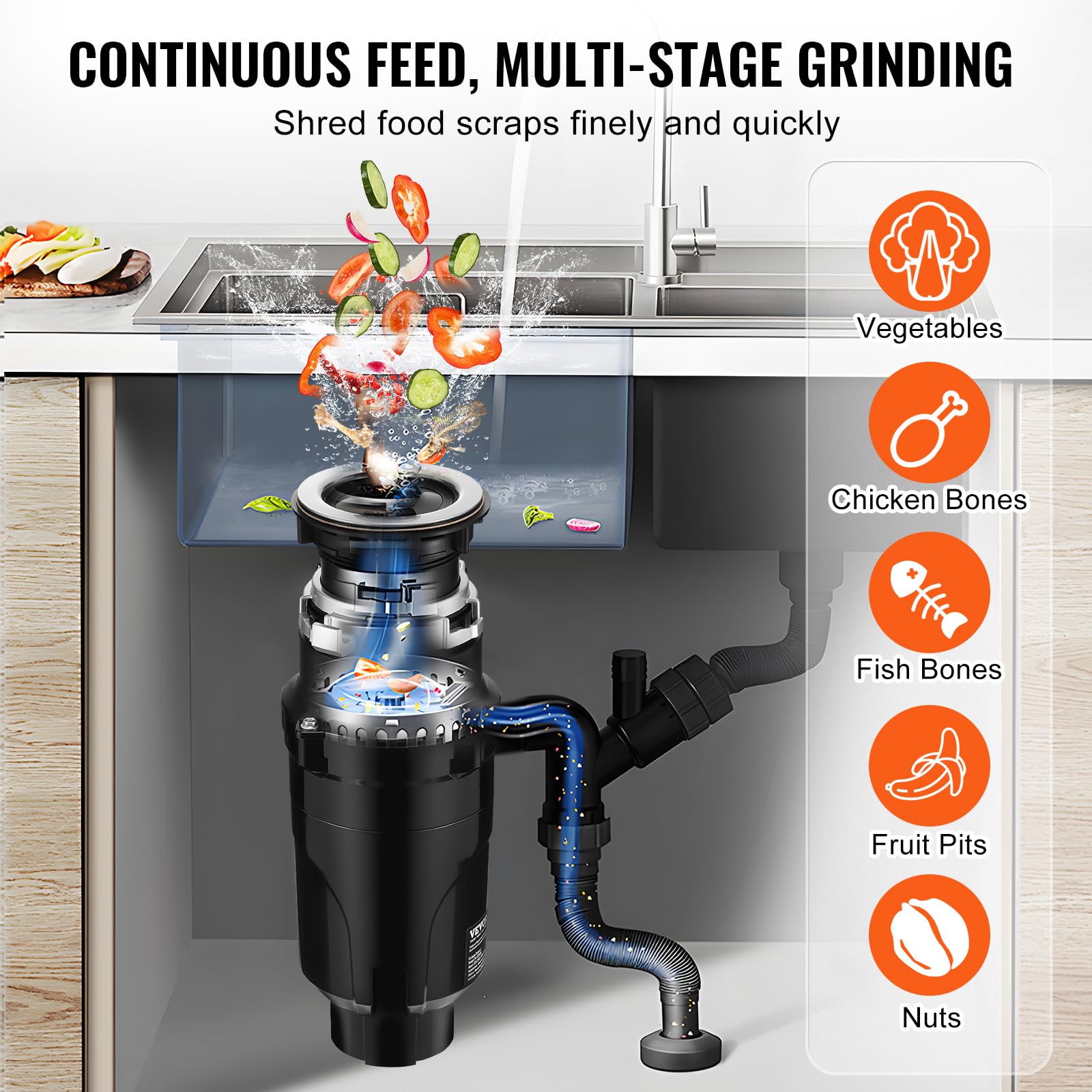 VEVOR Triturador de Basura para Fregadero de Cocina, 1/2 HP, Sistema de Eliminación de Residuos de Alimentos, 3820 RPM, con Cable de Alimentación, para el Hogar, Cocina, 150 x 150 x 335 mm, Negro