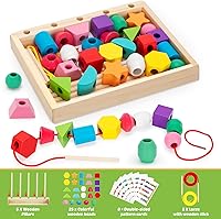 Vista 2 de KIZZYEA Montessori Toys for 2 3 4 5 Year Old Toddler, Wooden Beads Sequencing Toy, Lacing Beads, Stacking Block & Shape Stacker Toy