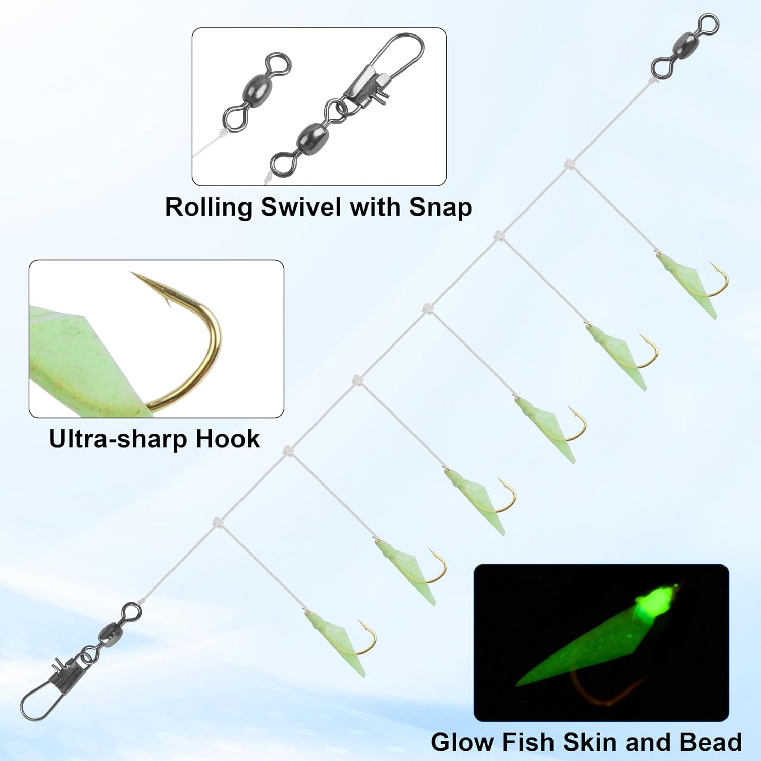 OROOTL Fishing Bait Rigs Saltwater, 6 Packs Surf Fishing Rigs with Sharp Hooks Fish Skin Feather Swivel Snap Glow Saltwater Lures Sea Bass Cod Herring Hook Rig Size 4 6 8