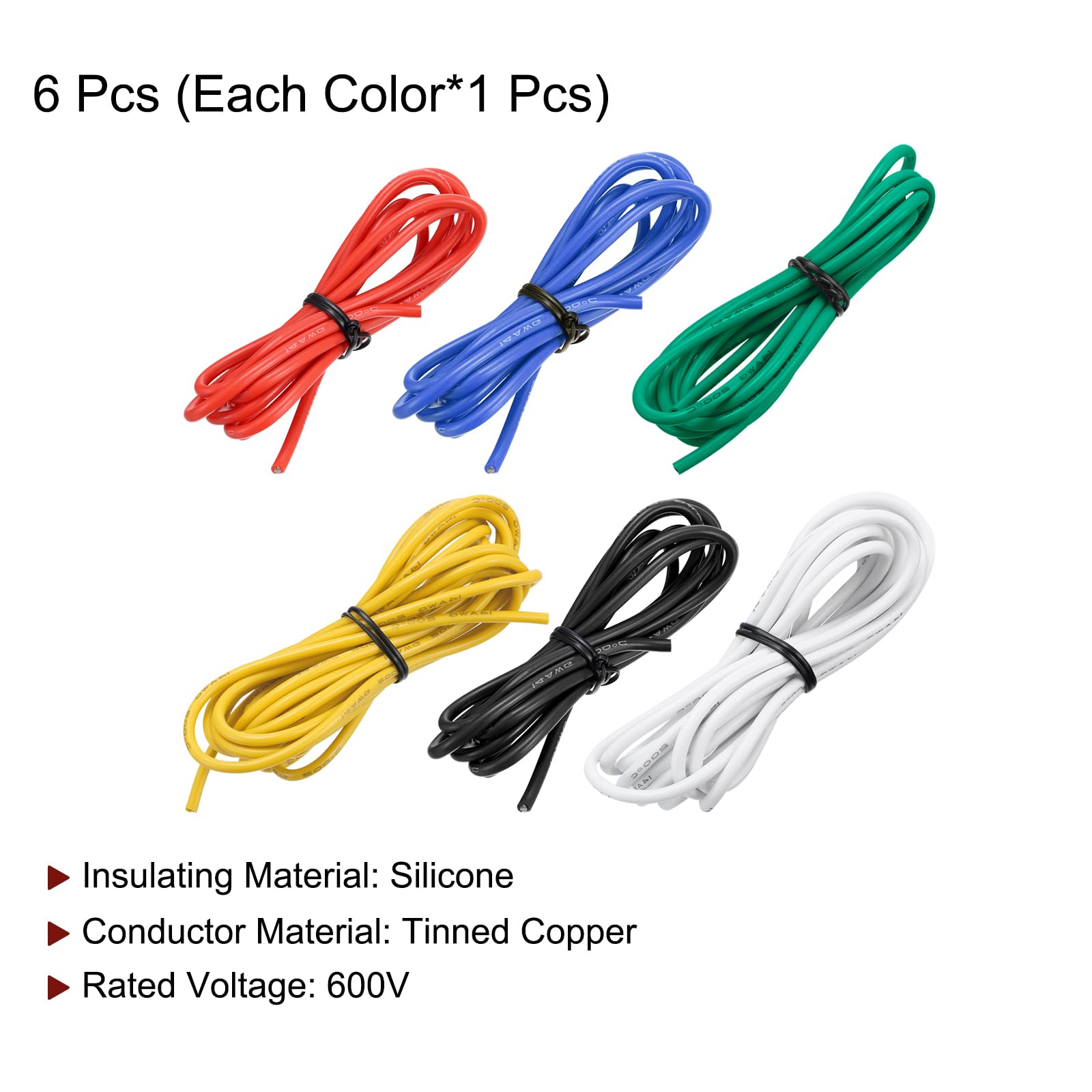 sourcing map 14AWG Elektrischer Draht Kabel 3 Meter Litzendraht Silikon Verzinnte Kupferdrahtspule je 2,08 mm² Solid Elektronik Wire für DIY RC-Modell Lampen Haushaltsgeräte, 6 Farben