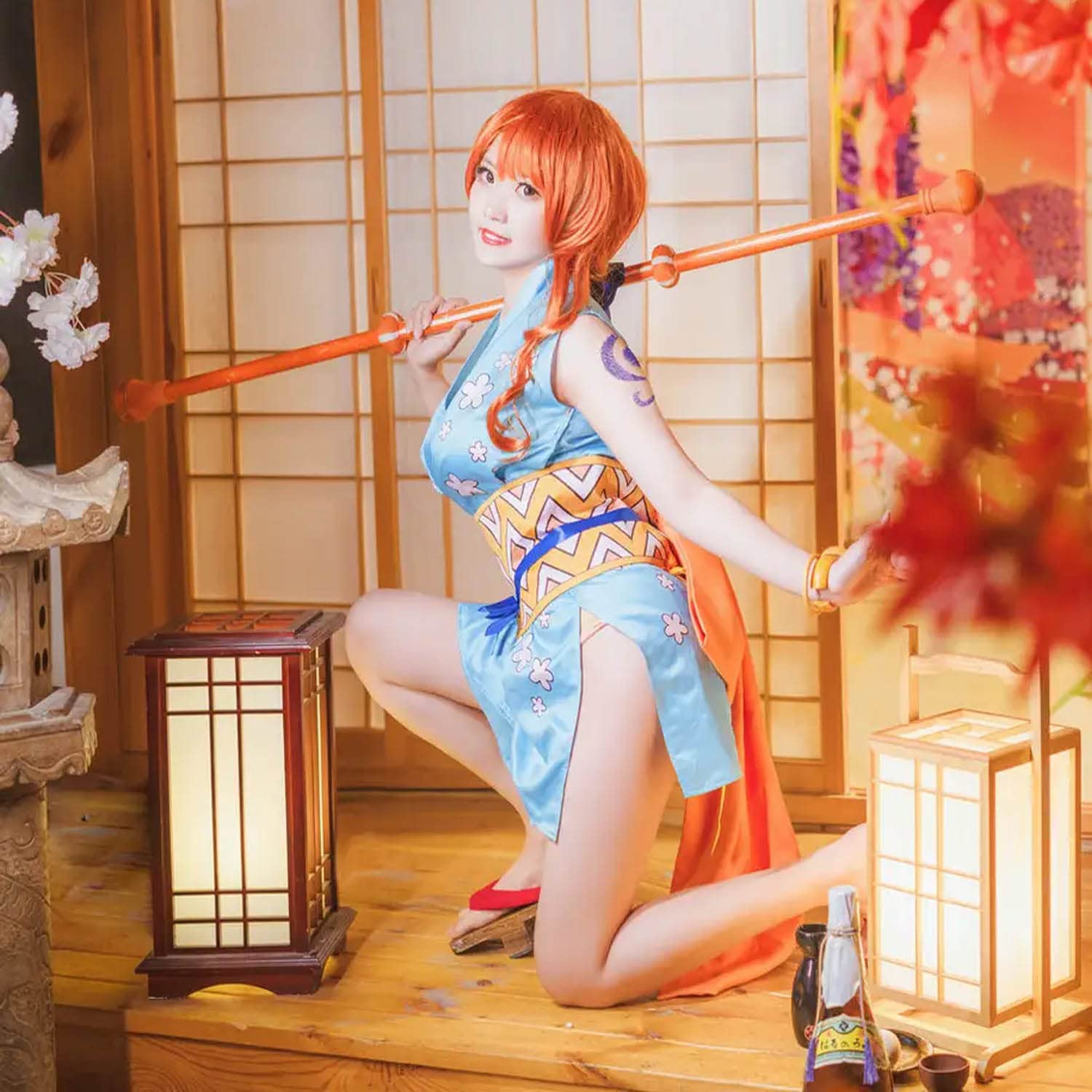 Anime One Piece Wano Country Nami Cosplay Costume Tenue Monkey D. Luffy Jeu de Rôle Uniforme Ensemble Complet Halloween Carnaval Fête Habiller avec Perruque pour Femmes