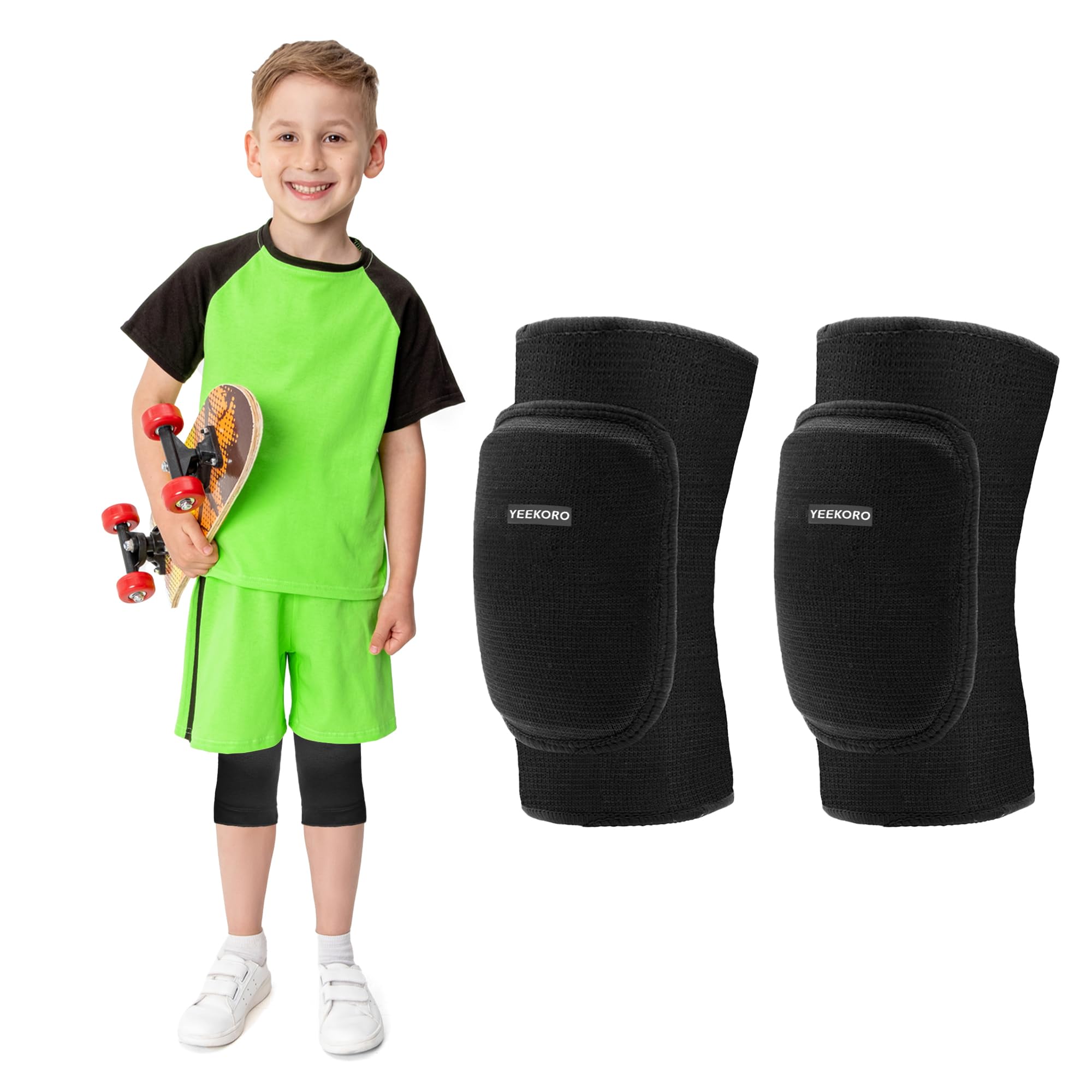 YEEKORO Kids Knee Pads – High-Density Thicken Sponge Padding, Anti-Slip Breathable Knee Pads Knee Sleeves for Skateboard Cycling Bike Volleyball Running Dance, Knee Support Gear