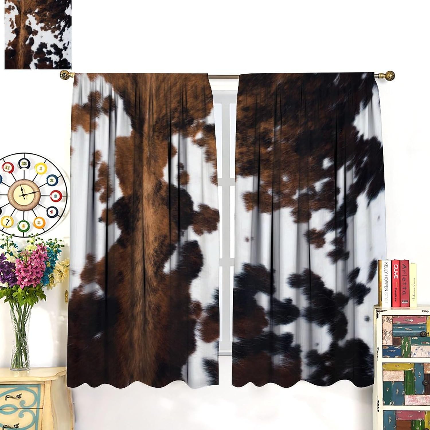 Cow Print Blackout Curtain,Brown White Cowhide Animal Fur Western Rustic Farmhouse Style Window Treatments Rod Pocket Curtain for Bedroom Living Room Kitchen Decor Drapes 42x45in - Image 7