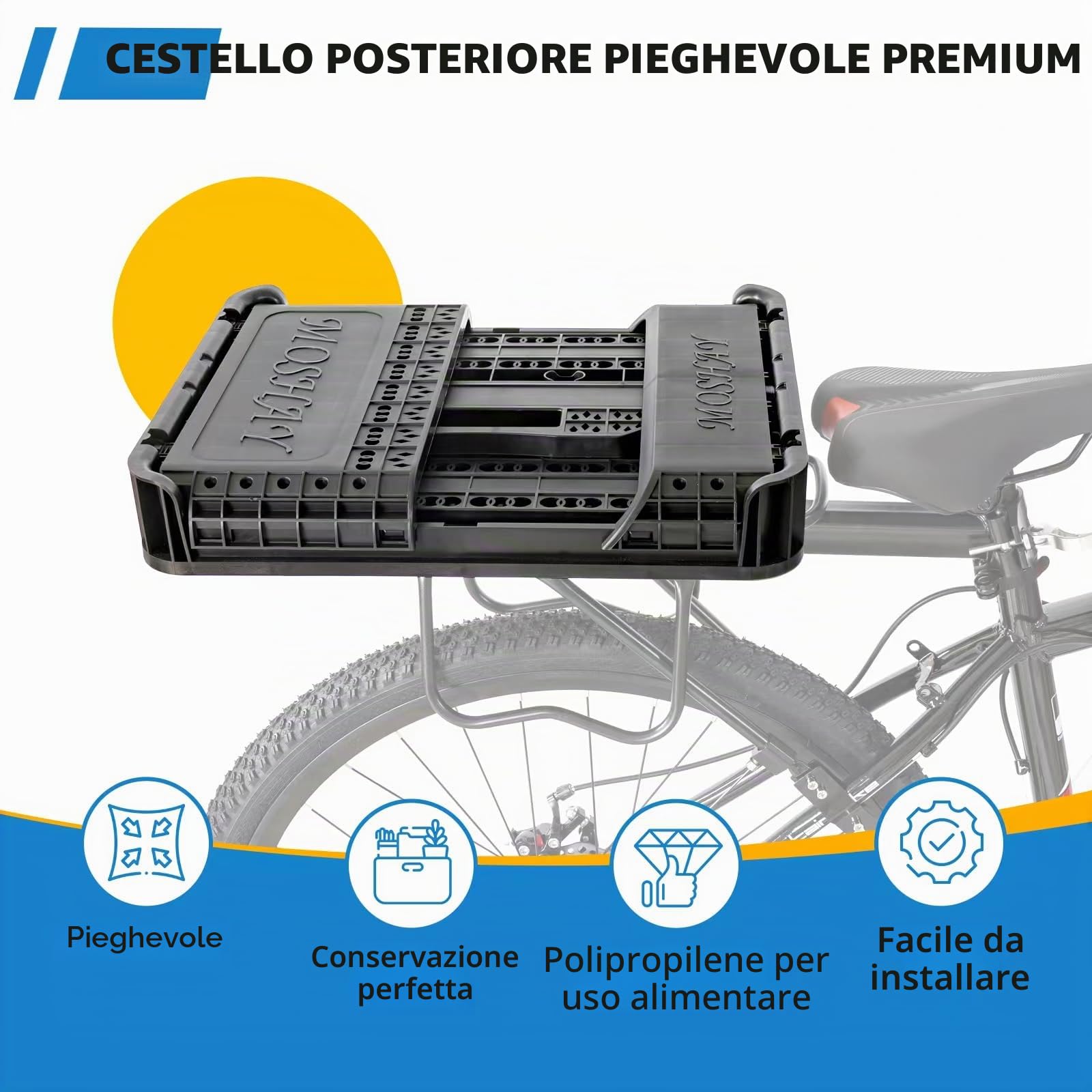 MOSHAY Cestino posteriore pieghevole per bicicletta, design brevettato, facile da installare, con grande capacità di 32 litri, di alta qualità, durevole, resistente al calore e alla corrosione