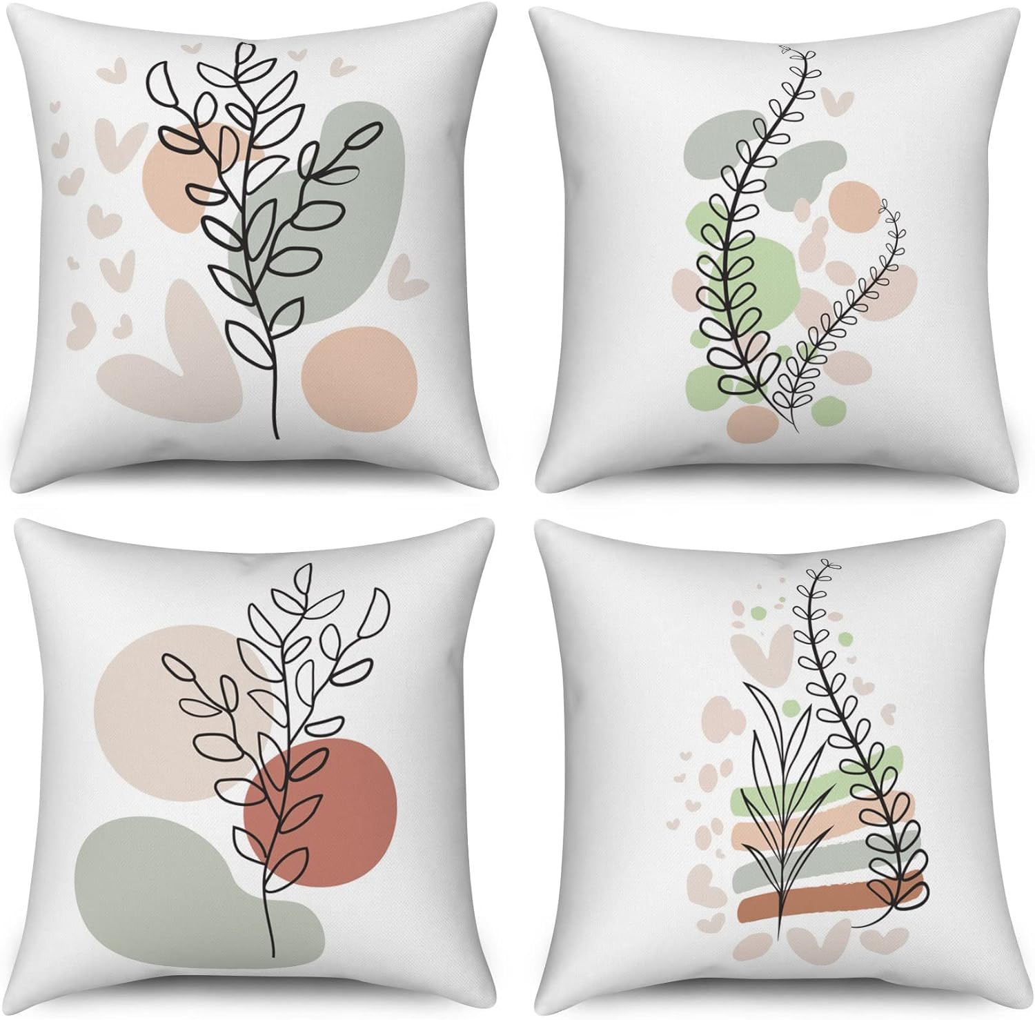 ASDCXZ Boho Cushion Set, Abstract Boho Style Leaves 45x45 cm Modern Sofa Decorative Covers Washable Polyester Flax Textile Outdoor 4er