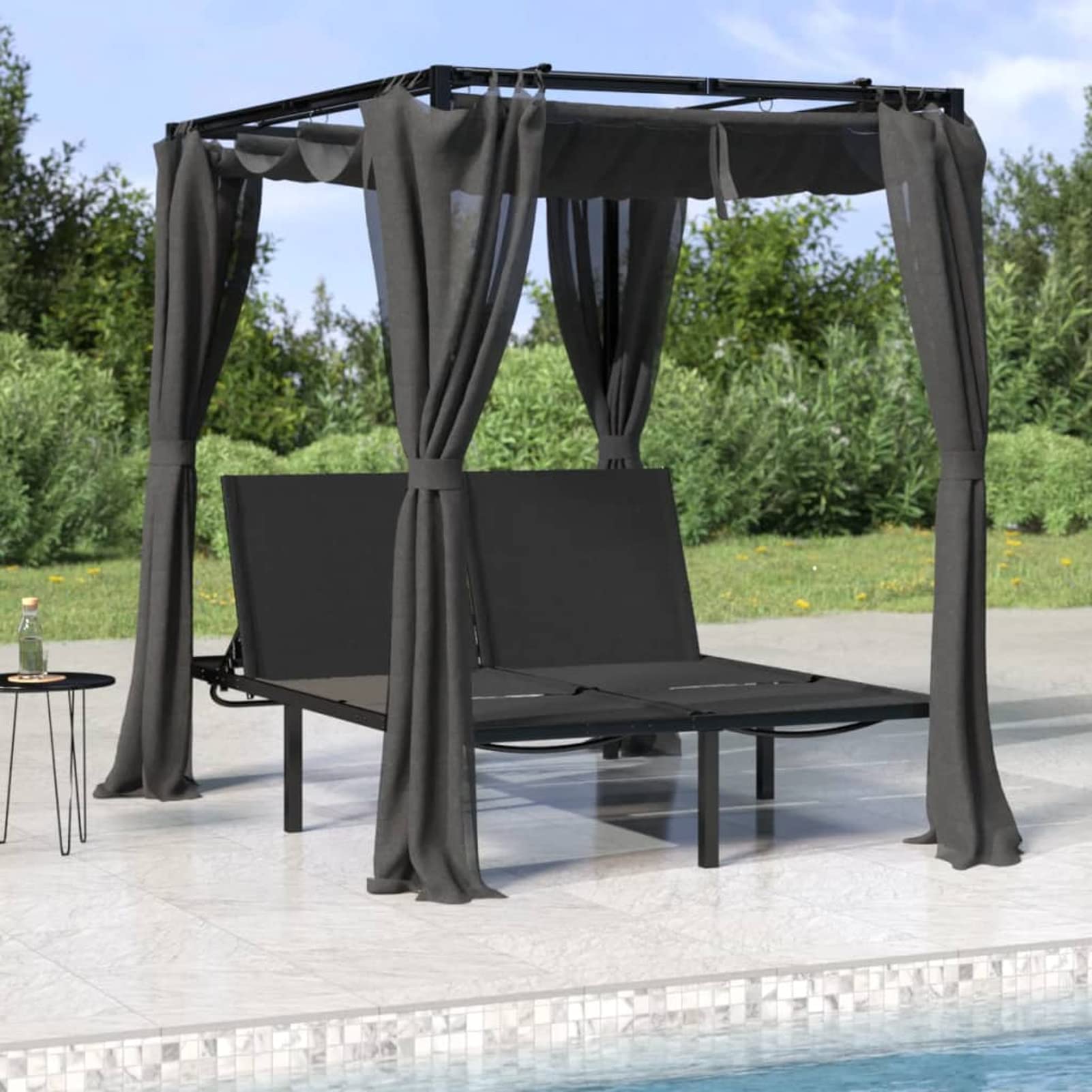 Homgoday Lit de bain double rideaux latéraux et supérieurs Anthracite, chaises longues, canapé-lit, meubles de jardin, lit de piscine, jardin pour extérieur, piscine