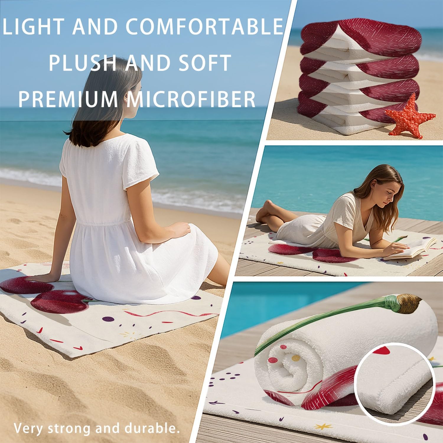Handgezeichnet Strandtuch 230 x 210 cm - Strandtuch trandtuch Leichtdünn Weich Rote Kirschen, Wellenlinien,für Strand, Pool, Yoga, Picknick