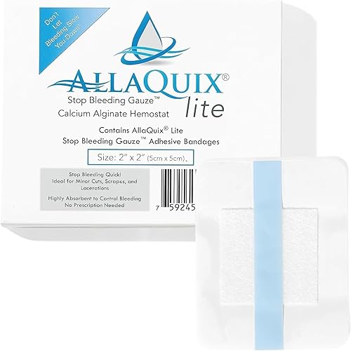 AllaQuix Lite Stop Bleeding Vendaje Vendaje de alginato de calcio para heridas (cuadrado grande de 2 pulgadas), vendaje adhesivo de gasa