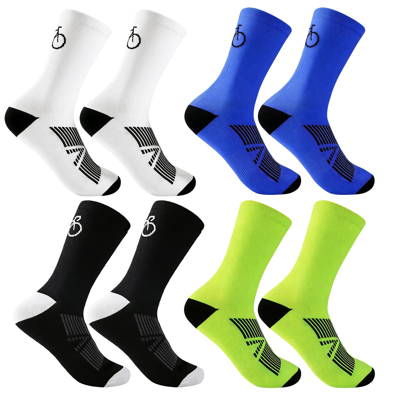 4 Stück Fahrrad Socken, Fahrradsocken Herren, Radsocken Herren, Socken Set in Weiß Schwarz Neon Grün Blau, Atmungsaktive Socken für Radfahren