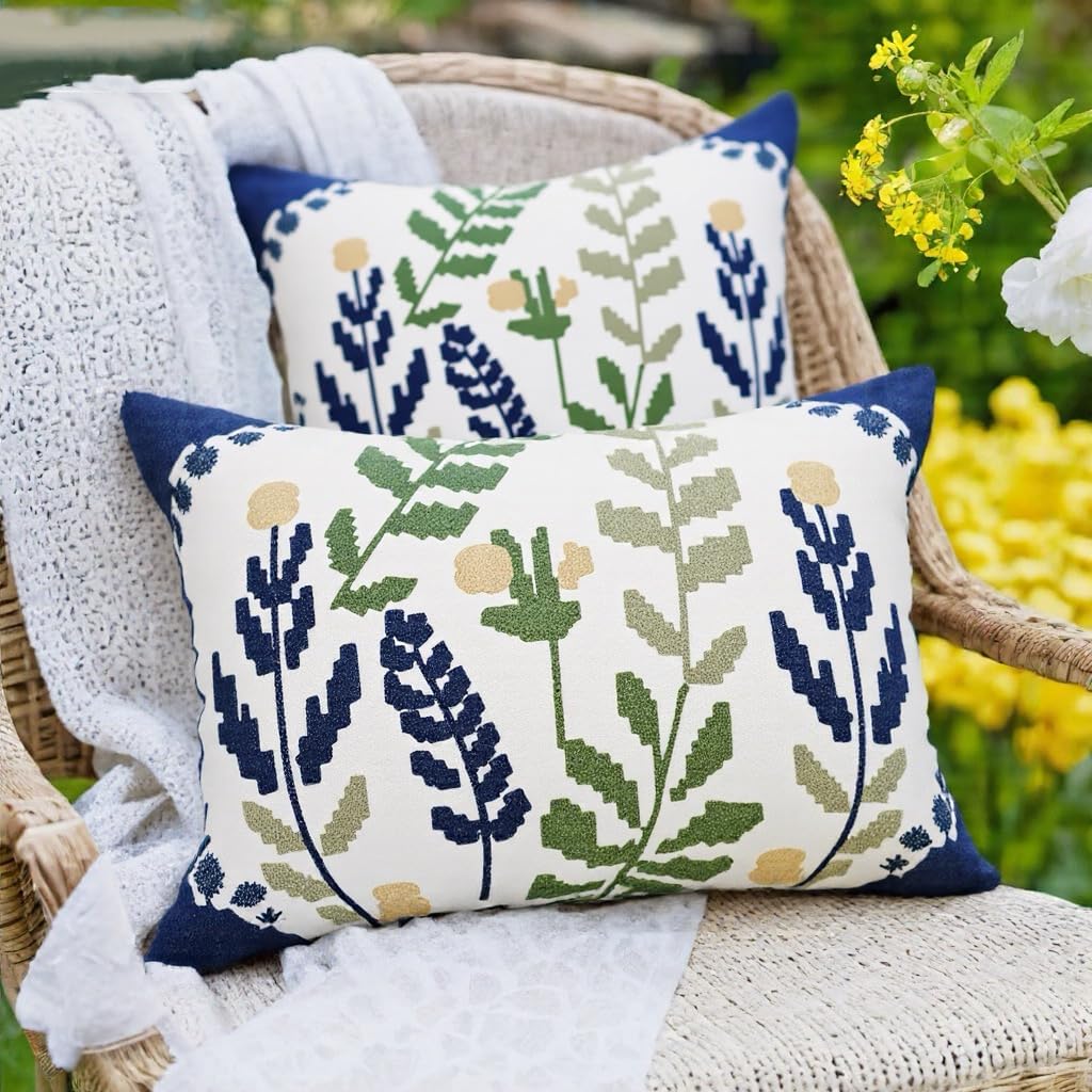 Embroidered Decorative Throw Pillow Covers,20X12 inches,Cottage Navy Blue Green Flower Leaves,Boho Square Floral Cushion Covers Home Decor for Sofa,Bed,Living Room Plant Pattern (Green, 20*12)