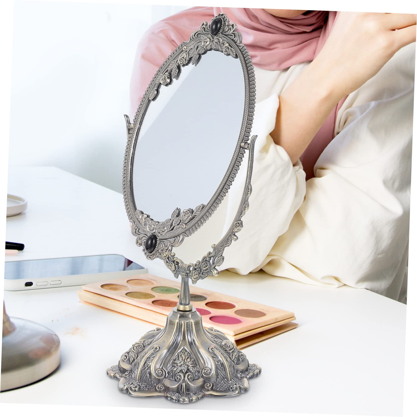 Retro Schminkspiegel aus Zinklegierung mit Drehbarer Doppelseite | Make Up und Hochzeit, Flacher Standfuß, Europäischer Stil, Elegante Ausführung