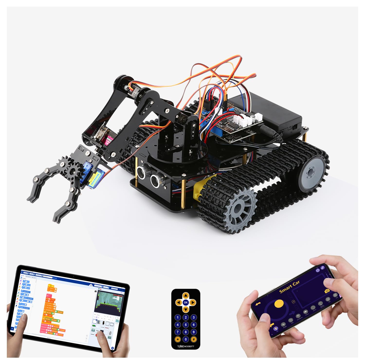 Robotics for Kids Ages 12-16, ACEBOTT Smart Robot Arm with 5DOF + Tank Car, STEM Toys Coding Kit Compatible with Arduino & Scratch, App & Remote