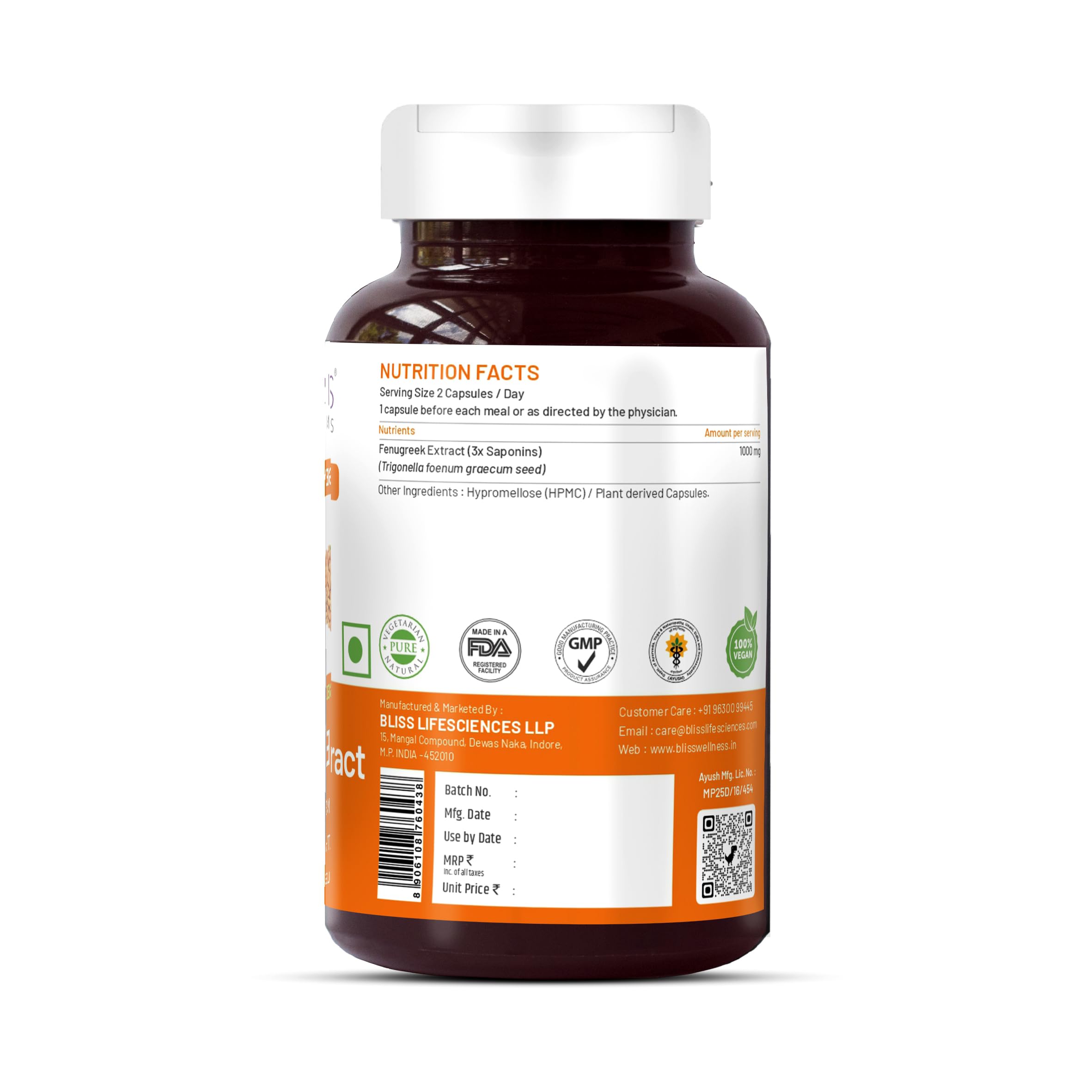 Bliss Welness Pure Fenugreek Extract with 3X Saponins 1000mg Ayurvedic Herbal Supplement - 60 Vegetarian Capsules - Image 3 thumbnail