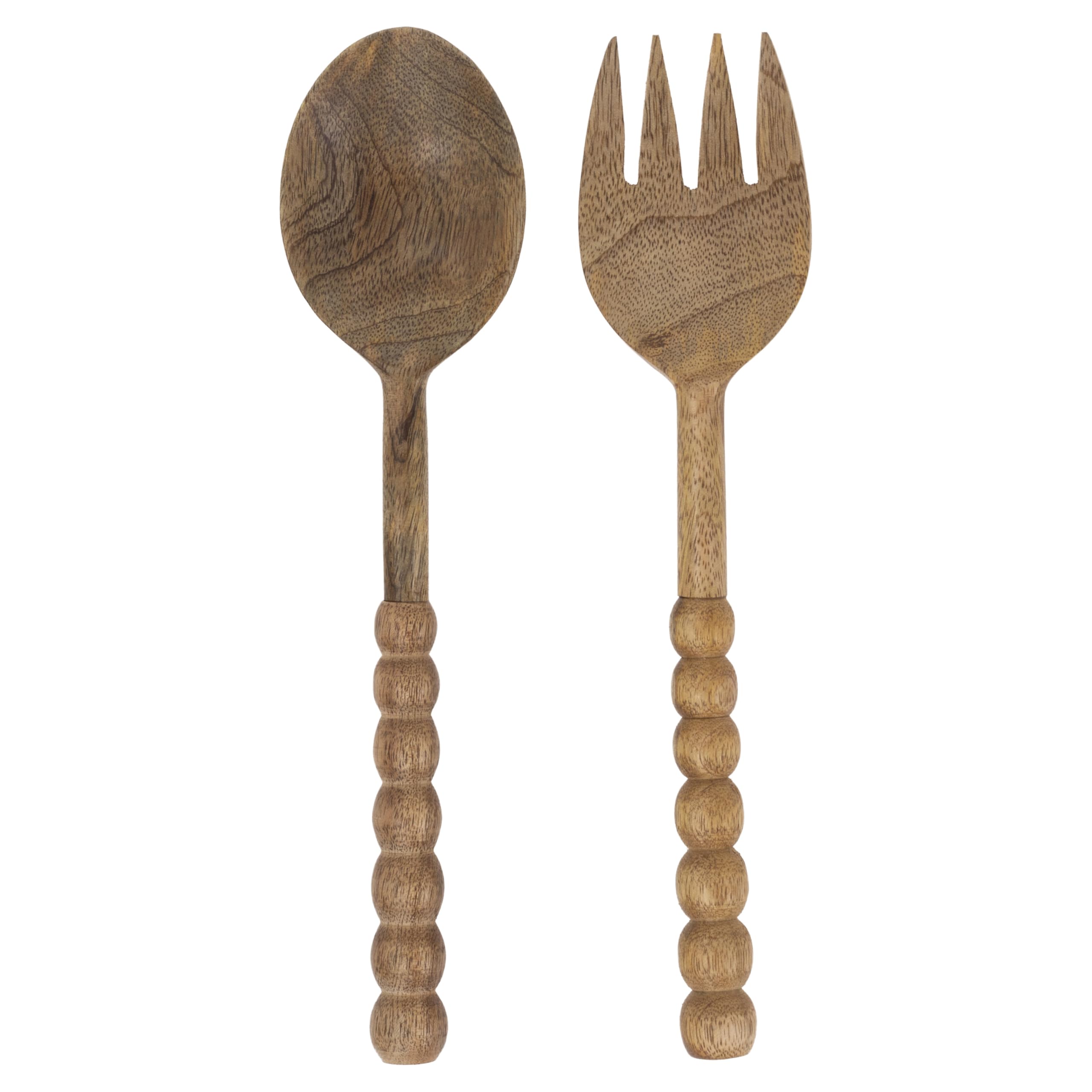 Boston International Juego de utensilios de madera para servir ensalada, tenedor y cuchara, 11.25 pulgadas, con cuentas