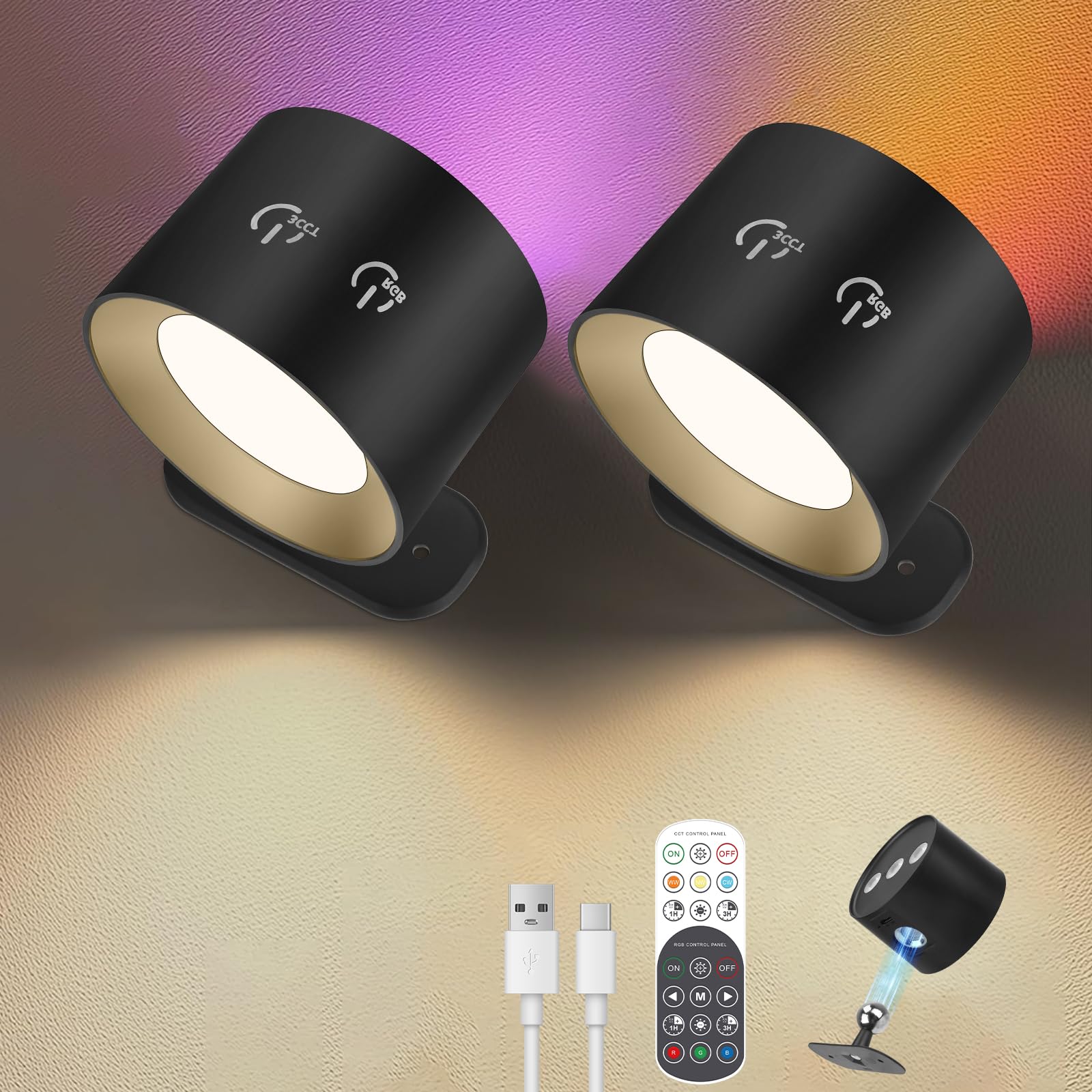 QCXWCJWD Battery Operated Wall Lights 2Pack, Rechargeable LED Wall Lamp,15 RGB & Dimmable Magnetic 360°Rotatable Sconces Wall Lighting, Remote and Touch Control for Bedroom Livingroom Reading(Black) — image 1