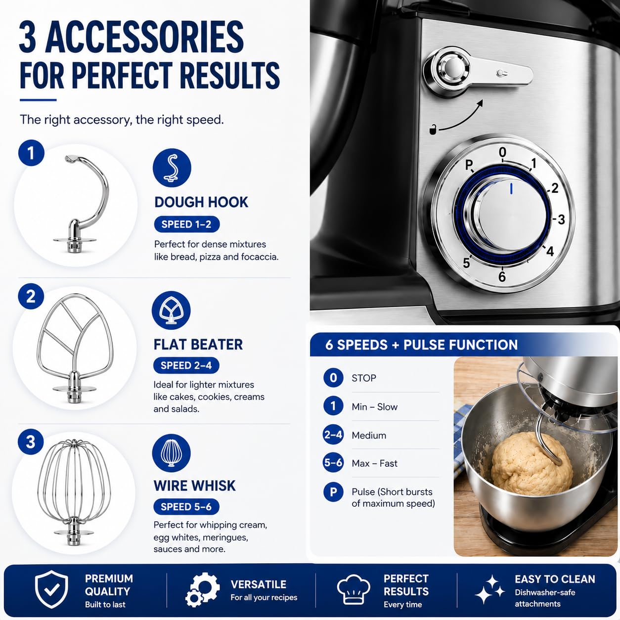 Royal Swiss Robot de cocina 3 en 1, 12 l, 2000 W, con picadora y batidora de cristal de 1,5 l, amasadora planetaria con movimiento planetario, 6 velocidades + pulso, cuenco inoxidable XXL, plateado